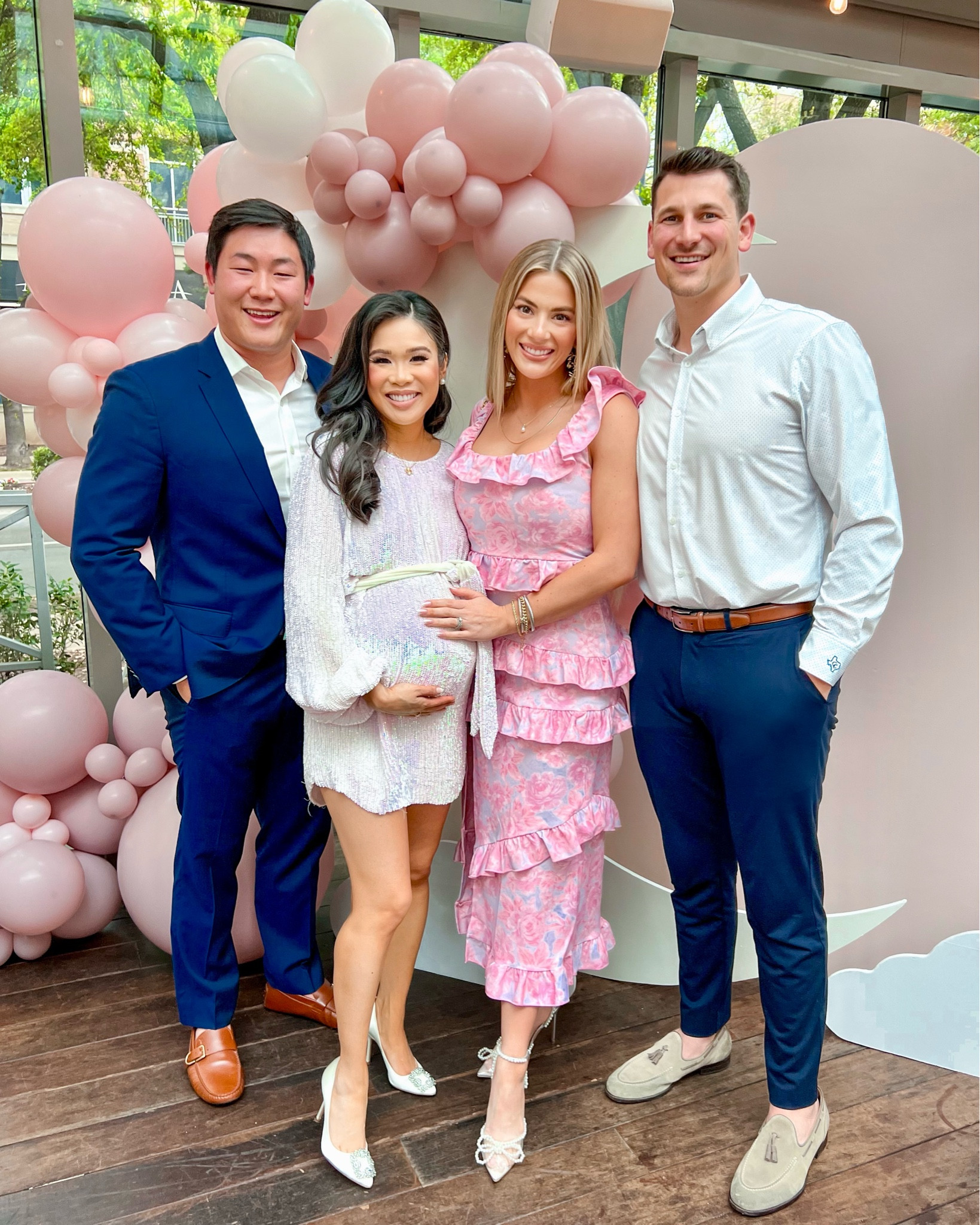 Wearing a size small show me your mumu pink floral midi dress for bridal showers, baby shower, or spring wedding - runs small. Conner’s wearing his favorite performance fabric dress shirt in a size large  Code sarahrose15 for 15% off menswear from Mizzen+Main through April 15! 

#LTKmens #LTKwedding #LTKsalealert