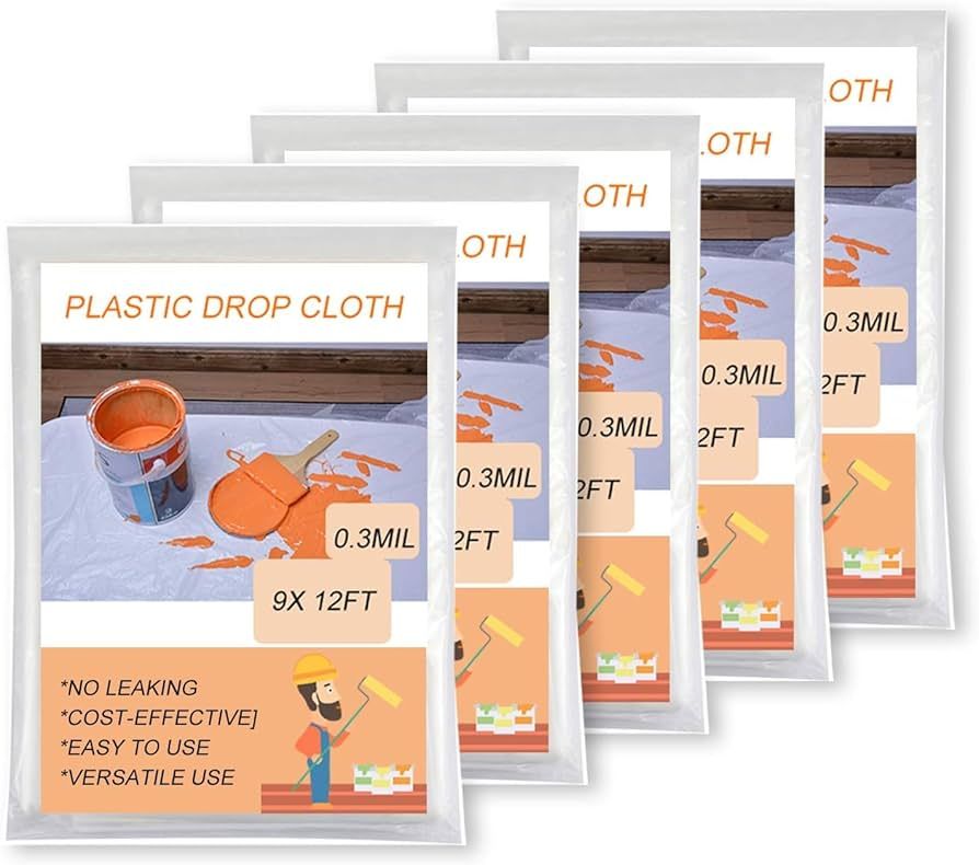 OIYEEFO Clear Plastic Sheeting Drop Cloths for Painting, 5 Pcs 9x12ft Plastic Tarp Waterproof Dus... | Amazon (US)