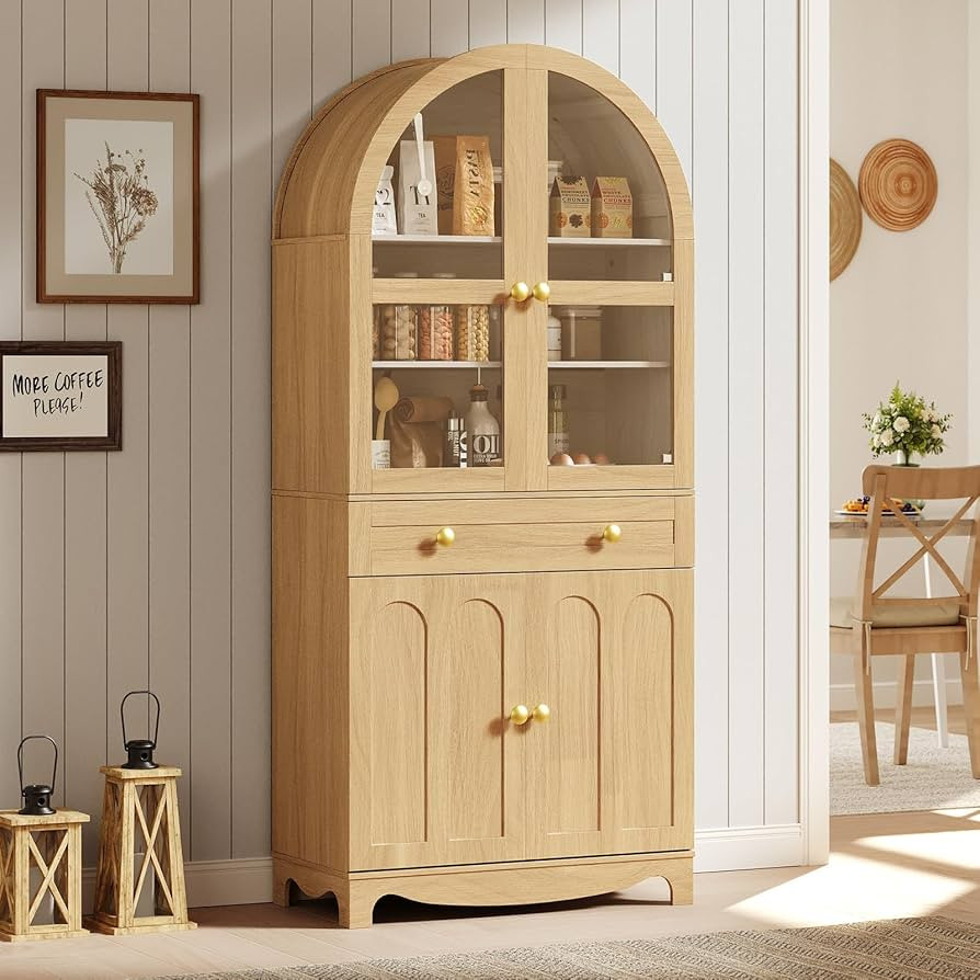 HOOBRO Arched Kitchen Pantry Cabinet, 71" Tall Pantry Cabinet with Drawer, Glass Door and Adjusta... | Amazon (US)