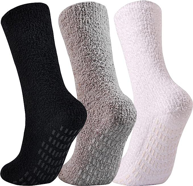 Jormatt 3 Pairs Women Fuzzy Gripper Socks Non Skid Men Thick Cozy Slipper Hospital Socks with Gri... | Amazon (US)
