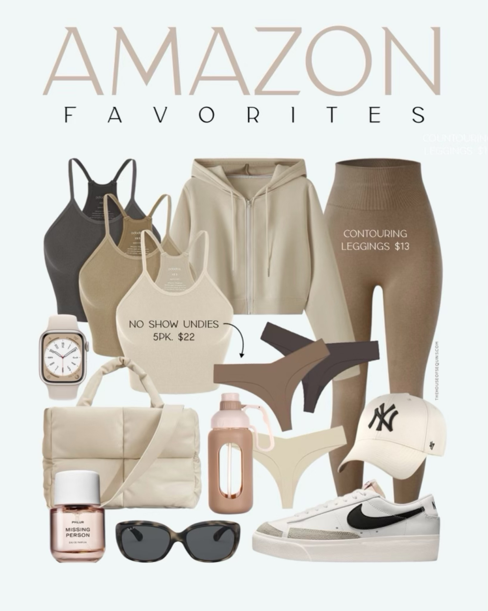 Shop these Amazon finds! Neutral outfit, athleisure travel outfit, Nike Blazer, puffy bag, contouring leggings, ribbed tank, cropped hoodie and more!