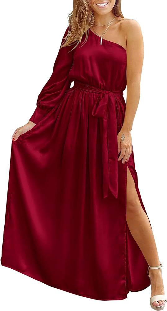 KIRUNDO Women's Satin Long Sleeve One Shoulder Maxi Dress Asymmetrical Tie Waist Slit Party Cockt... | Amazon (US)