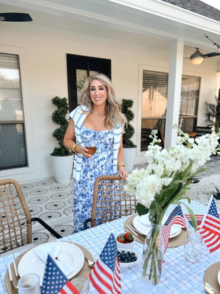 4th of July outfit, sleeveless blue floral maxi dress, coastal chic outfit, beach outfit, summer dress, sundress, patriotic outfit

#LTKStyleTip #LTKWedding #LTKOver40