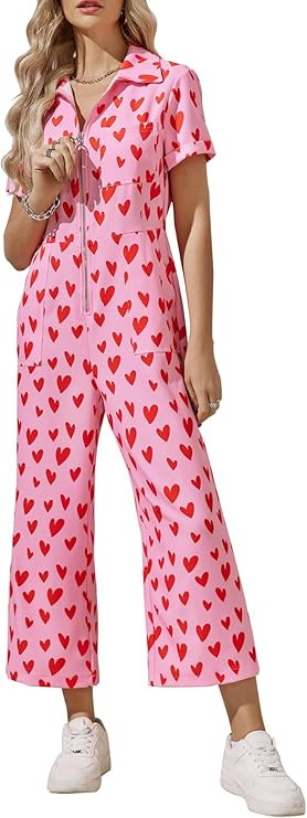 Zwurew Valentine's Day Women's Short Sleeve Jumpsuits Love Heart Graphic Zip Up Long Pants Romper... | Amazon (US)