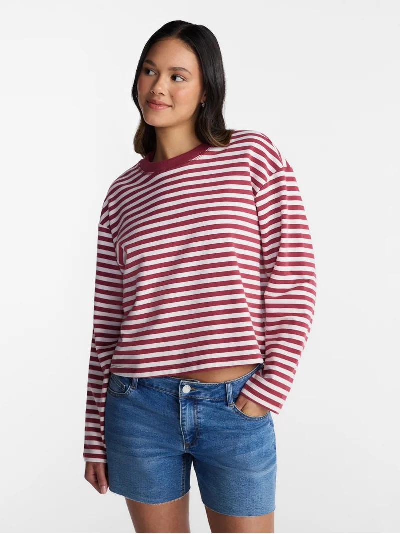 No Boundaries Oversize LS Stripe Tee, Women\u2019s Sizes XXS-XXL | Walmart (US)