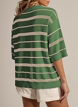 Dokotoo Womens Sweaters Spring Summer Oversized 3/4 Sleeve Striped Crewneck Casual Lightweight Kn... | Amazon (US)