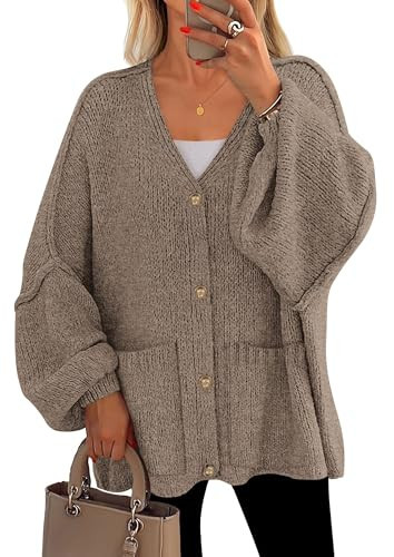 PRETTYGARDEN Fall Chunky Cardigan Sweaters for Women 2025 Button Long Lantern Sleeve Knit Oversized Coats with Pockets(Dark Khaki,XX-Large) | Amazon (US)
