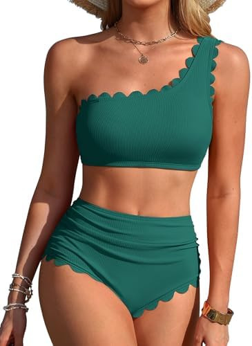 Charmo Womens One Shoulder Bikini Sets High Waisted Tummy Control Bathing Suits Ribbed Scalloped ... | Amazon (US)