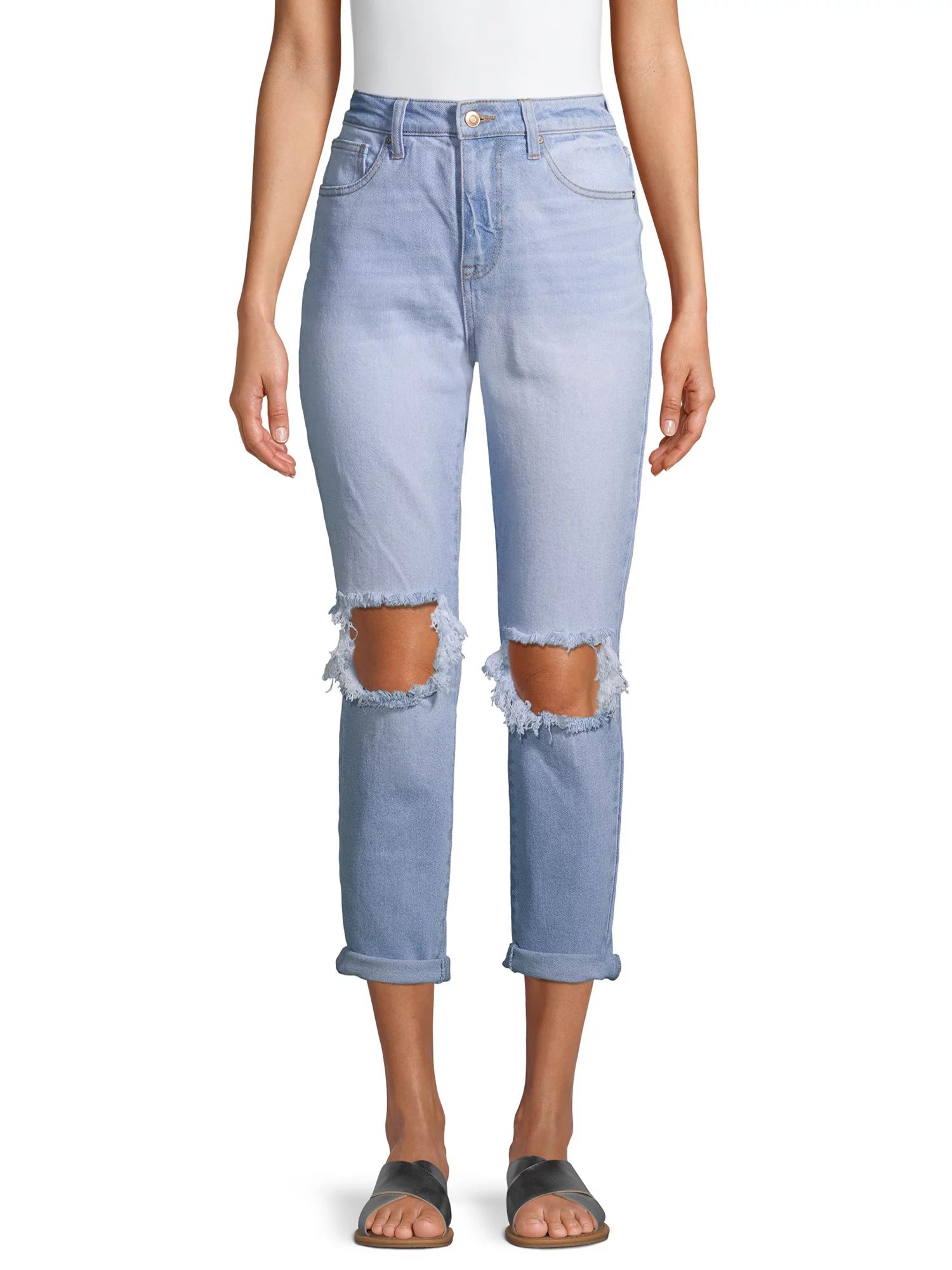 No Boundaries Juniors' Super High Rise Destructed Mom Jeans | Walmart (US)