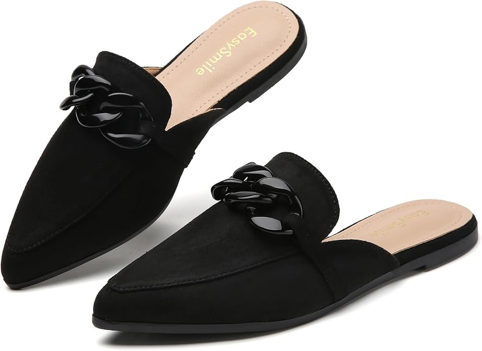 Metal Chain Decor Flat Mules for Women Closed Pointed Toe Slip on Loafers Slides Backless Mules S... | Amazon (US)