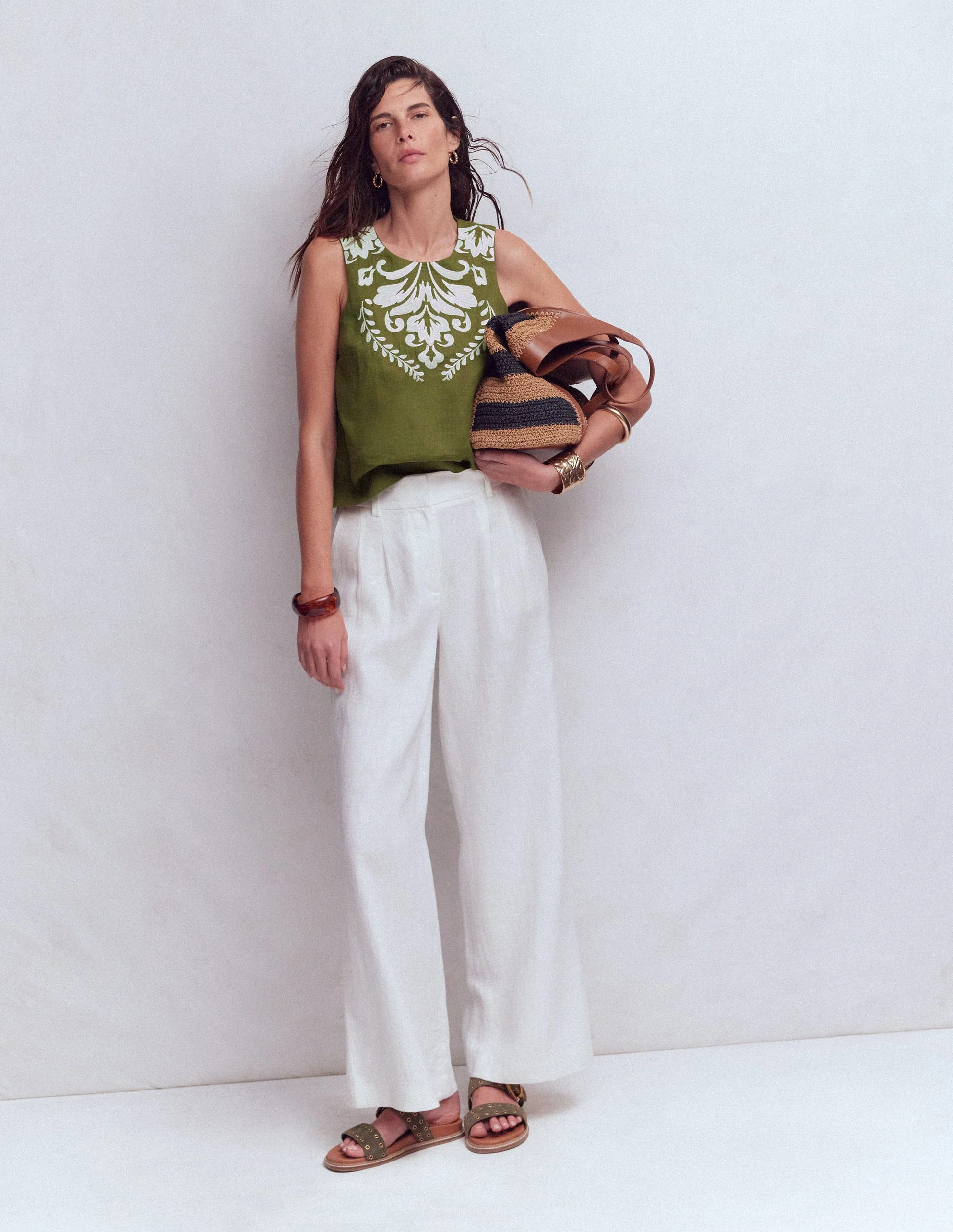 Sofia Embroidered Linen Top-Woodland Green | Boden (US)