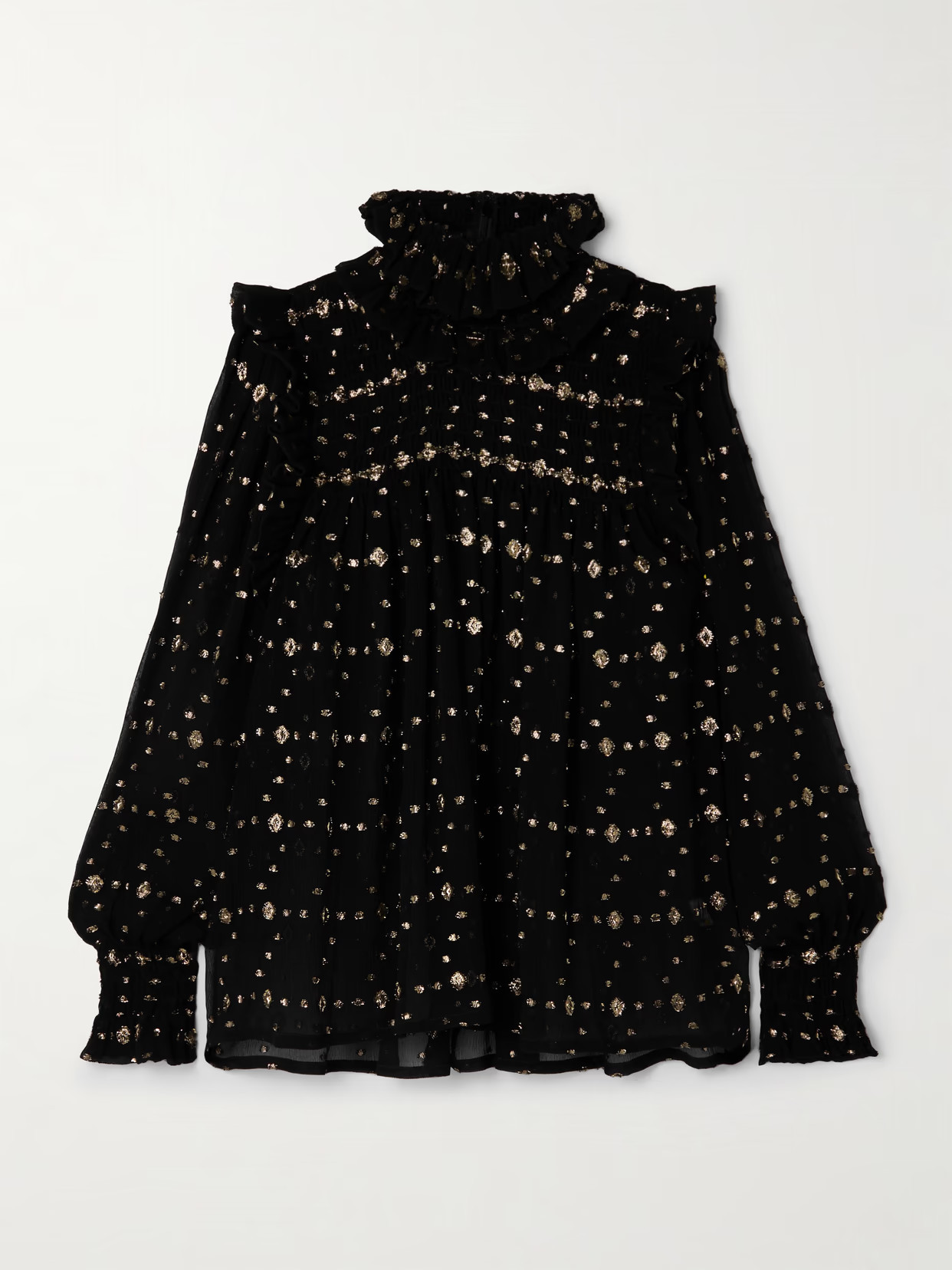 SAINT LAURENT - Ruffled Shirred Metallic Silk-blend Fil Coupé Crepon Blouse - Black | NET-A-PORTER (US)