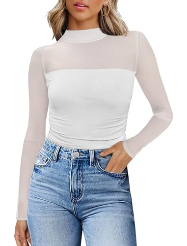 Womens Sexy Mesh Long Sleeve Shirts Fashion Clothing Turtle Necks Sheer Ruched Going Out Tops Fal... | Amazon (US)