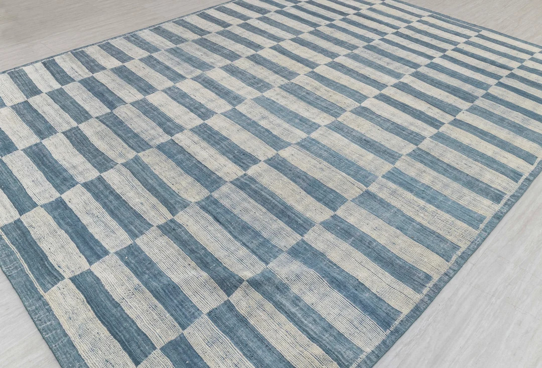 Moroccan Inspired Ivory Blue Distressed Chequred Hand Knotted Wool Rug,jc-4132, CUSTOMIZE in Any ... | Etsy (US)