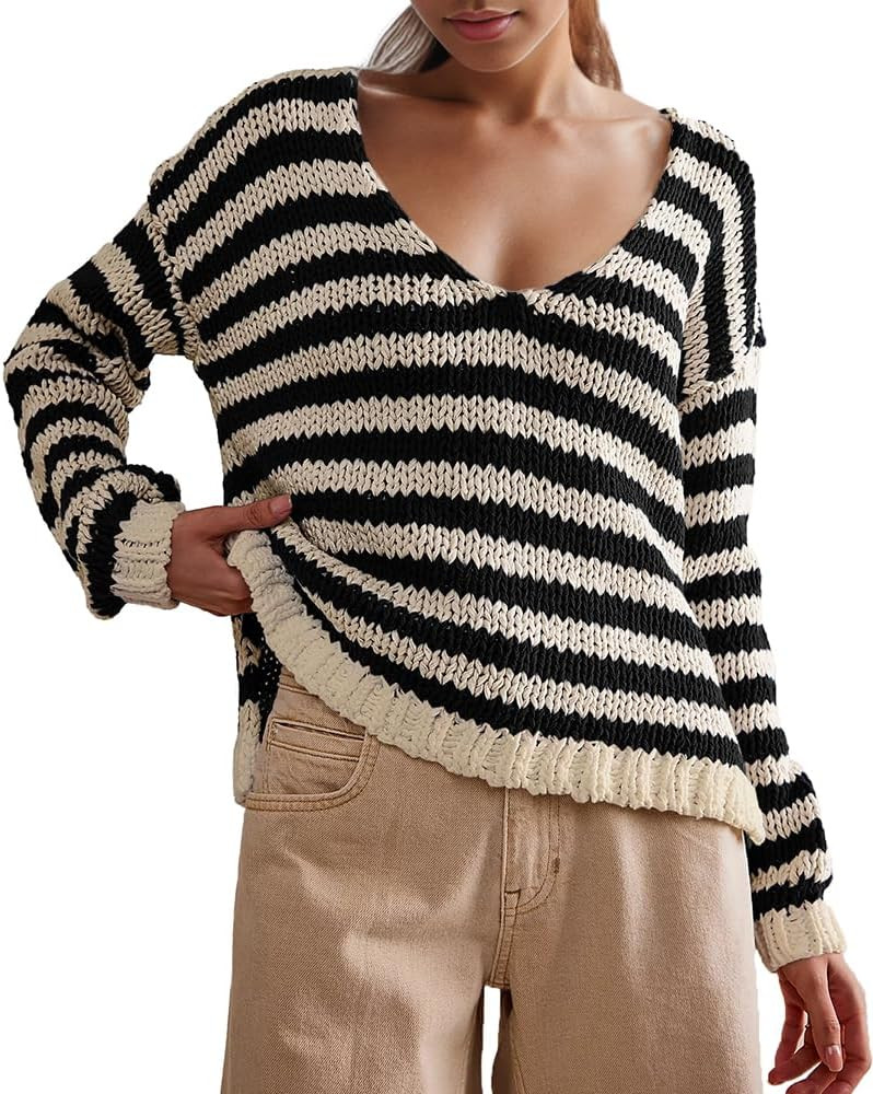 Womens Striped Sweaters 2024 V Neck Long Sleeve Fall Sweater Casual Knit Loose Pullover Tops | Amazon (US)