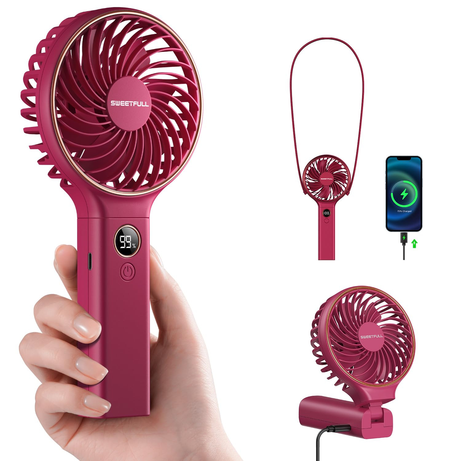 SWEETFULL Handheld Portable Fan, 5000mAh Rechargeable Battery, 6 Speed Wind, LED Digital Display,... | Amazon (US)