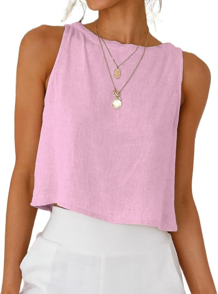IDEALSANXUN Womens Linen Crop Tank Tops 2026 Spring Summer Beach Sleeveless Tops | Amazon (US)