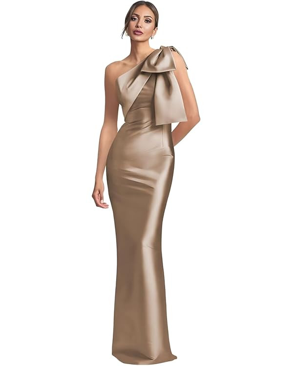 One Shoulder Mermaid Prom Dress with Bow 2026 Satin Long Back Split Bridesmaid Dresses Formal Eve... | Amazon (US)
