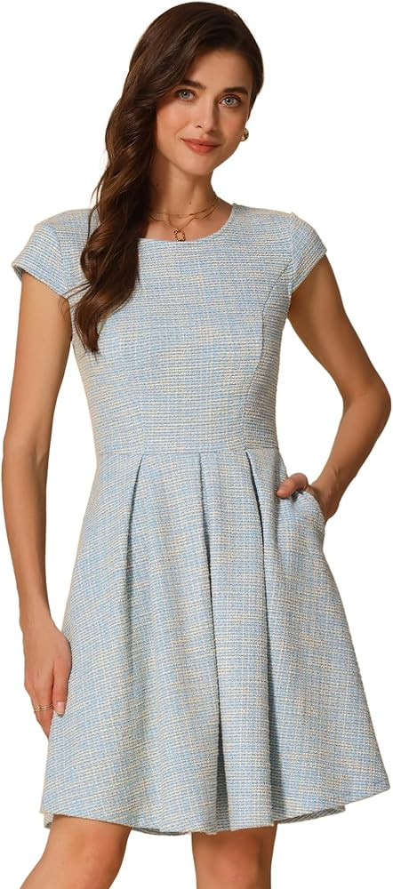 Allegra K Plaid Tweed Dress for Women's Round Neck Cap Sleeve A-Line Vintage Pleated Dresses | Amazon (US)