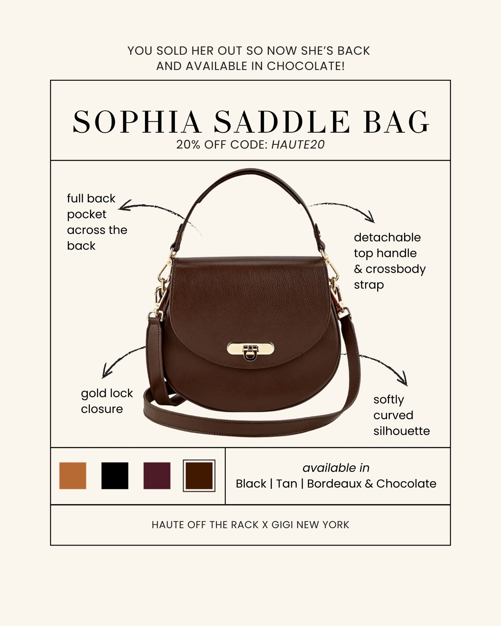 The Sophia saddle bag! Pre order in chocolate! take 20% OFF with code HAUTE20

#handbag #giginewyork #saddlebag #falloutfits #fallfashion

#LTKGiftGuide #LTKSaleAlert