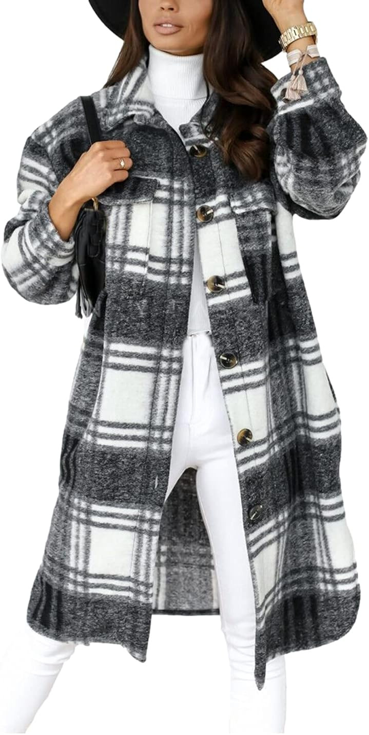 SeekMe Women's Plaid Brushed Wool Shacket Flap Pocket Lapel Button Down Long Shirt Jacket | Amazon (US)