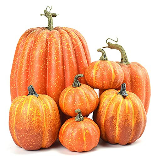 Lucakuins 7Pcs Artificial Pumpkins Fall Decoration Assorted Faux Pumpkin Cute Foam Pumpkins for Home Outside Halloween Decorating (Orange1, One Size) | Amazon (US)