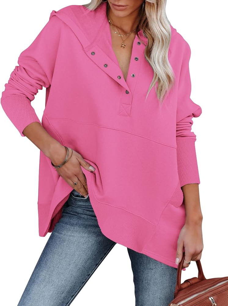 FANCYINN Women Button V Neck Hoodies Thumb Hole Loose Casual Sweatshirts Lapel Oversized Pullover Tu | Amazon (US)