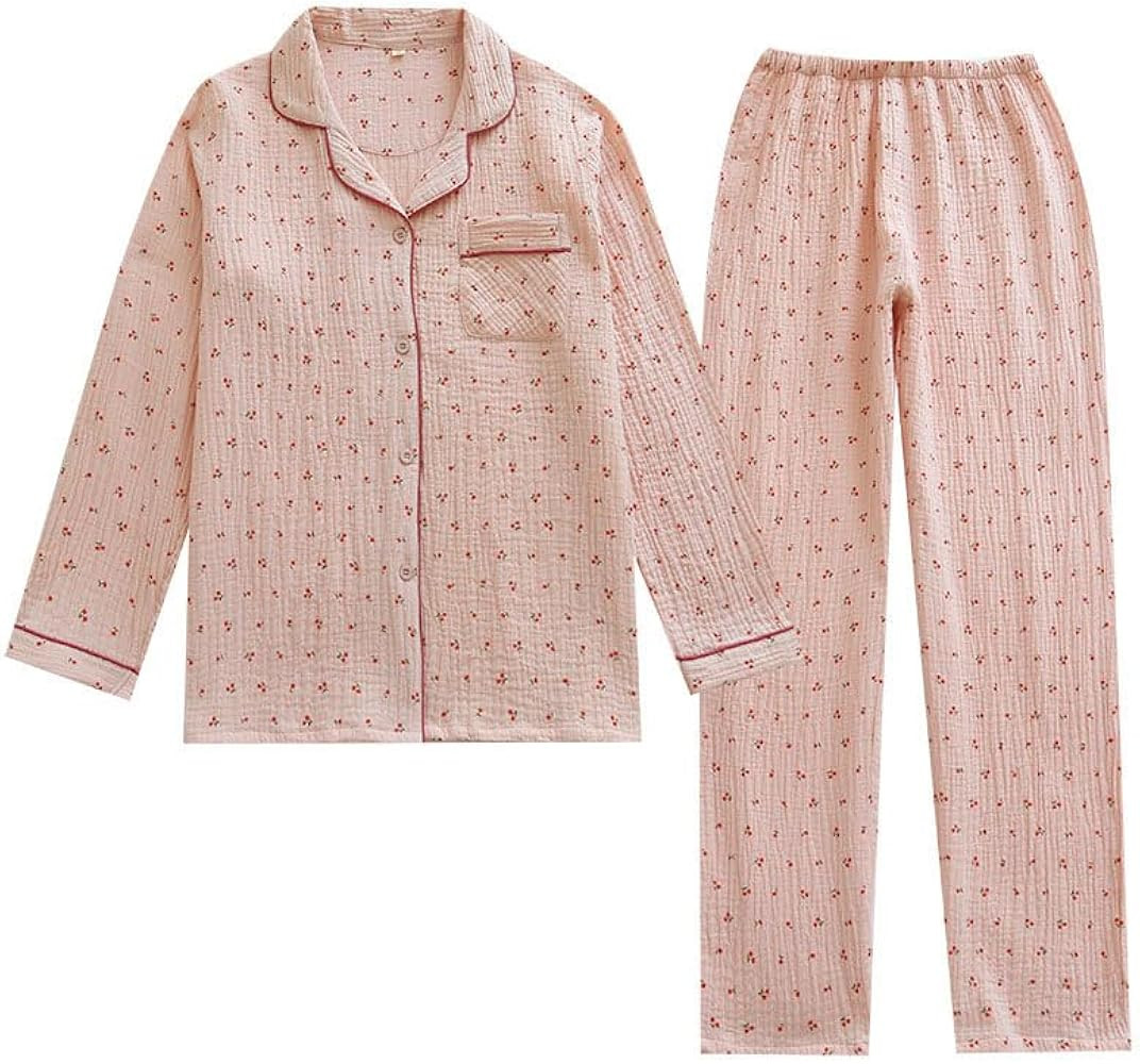 Womens Cotton Gauze Pajama Set Long Sleeve Button Up Shirt and Pants 2 Piece Cute Printed Pj Set | Amazon (US)