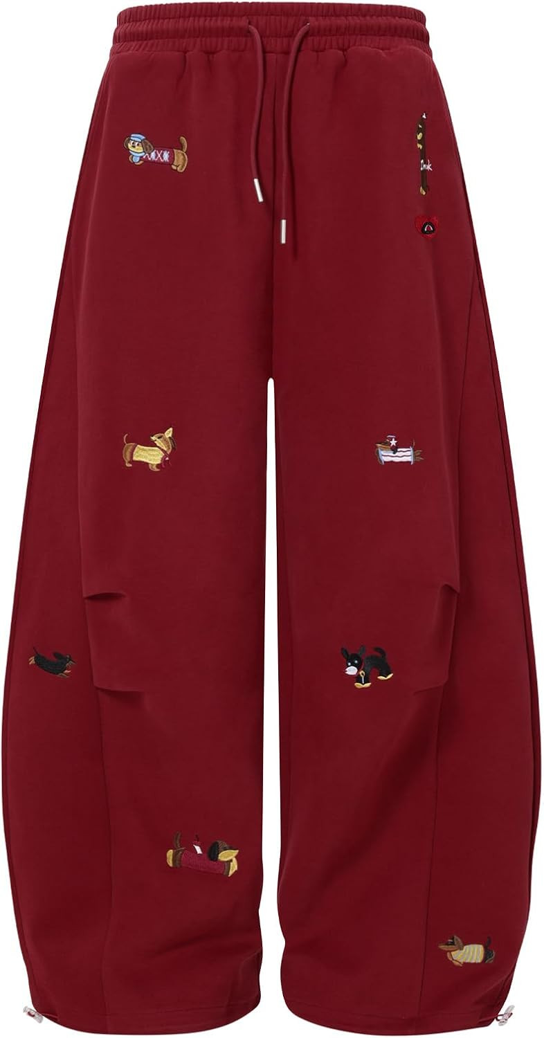Aelfric Eden Embroidery Puppy Baggy Barrel Sweatpants Casual Y2K Elastic Drawstring Unisex Wide Leg Pants Lantern Trouser | Amazon (US)