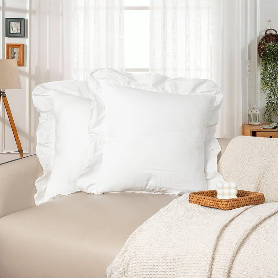 JoraLion 22x22 inch Scalloped Cotton Pillow Covers White, Farmhouse Ruffle Solid Pure Cotton Deco... | Amazon (US)