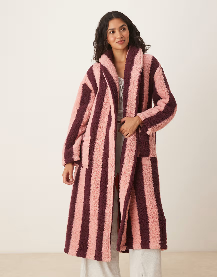 Threadbare long stripe dressing gown in burgundy and pink | ASOS (Global)