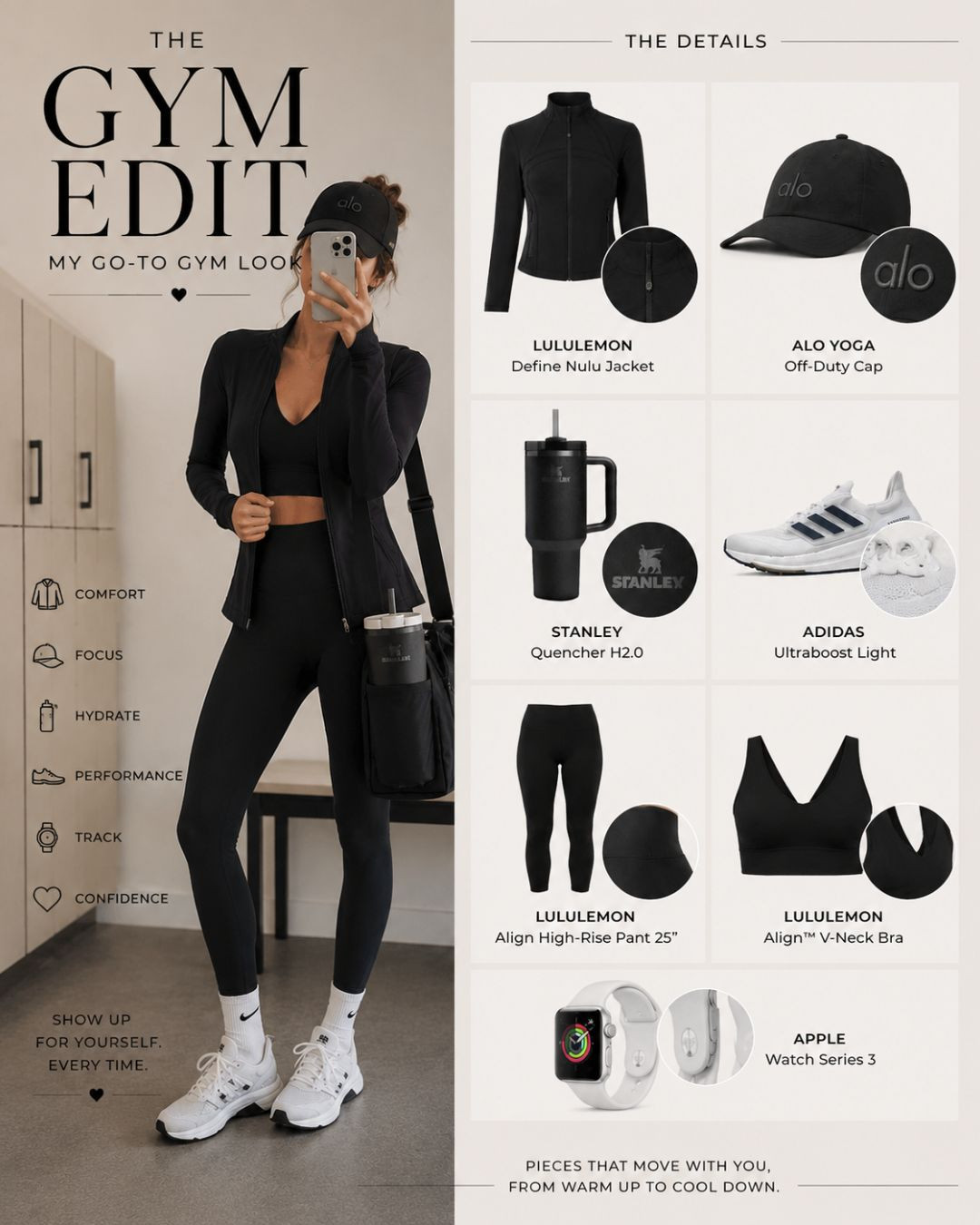 🖤 My go-to gym look.

When it comes to activewear, I always reach for pieces that combine comfort, performance, and timeless style. This all-black edit is made up of everyday essentials I actually love wearing—from my favorite Lululemon set to Adidas sneakers, the Alo cap, Stanley Quencher, and Apple Watch.

Whether it's strength training, a long walk, or running errands after the gym, these are the pieces I keep reaching for. 

 #LTKfitnessgoals #LTKvlog #LTKActive