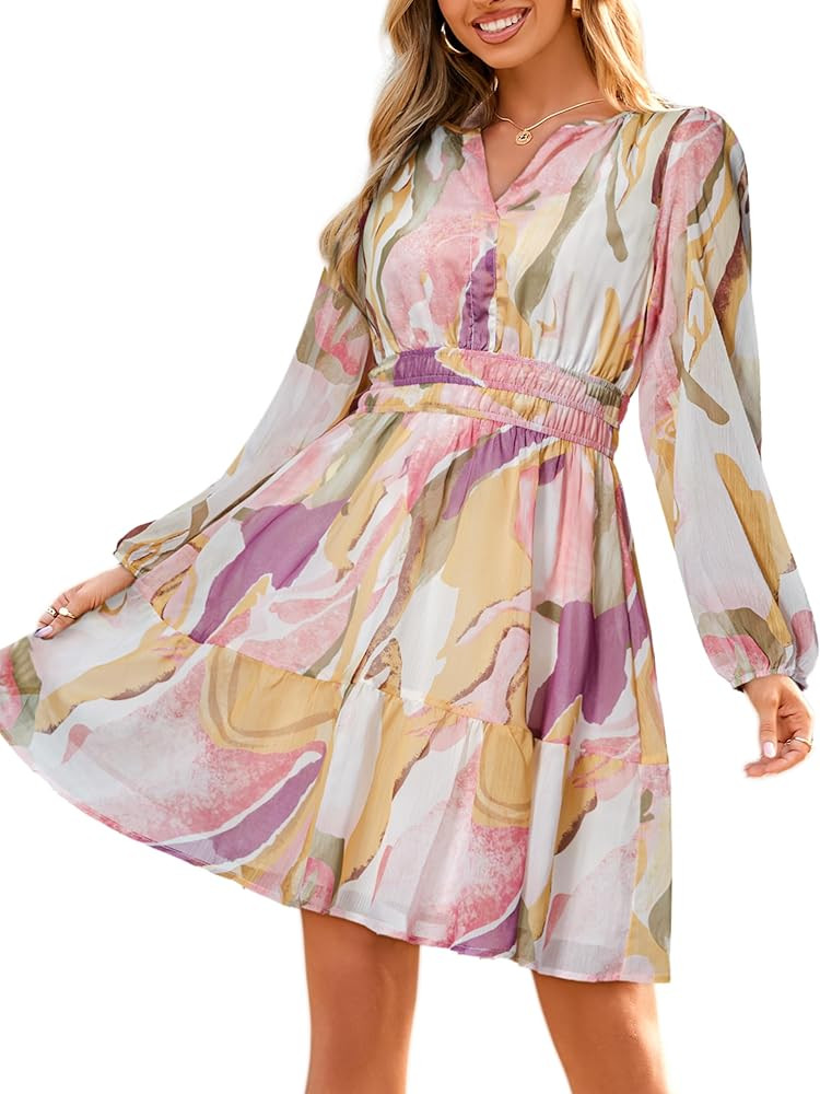 Simplee Womens Fall Floral Mini Dress 2025 Long Sleeve Boho Chiffon Short Dress Casual Flowy Wedd... | Amazon (US)