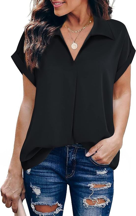 Gaharu Women's Summer Work Blouse V Neck Short Sleeve Lapel Shirt Top Tunic | Amazon (US)