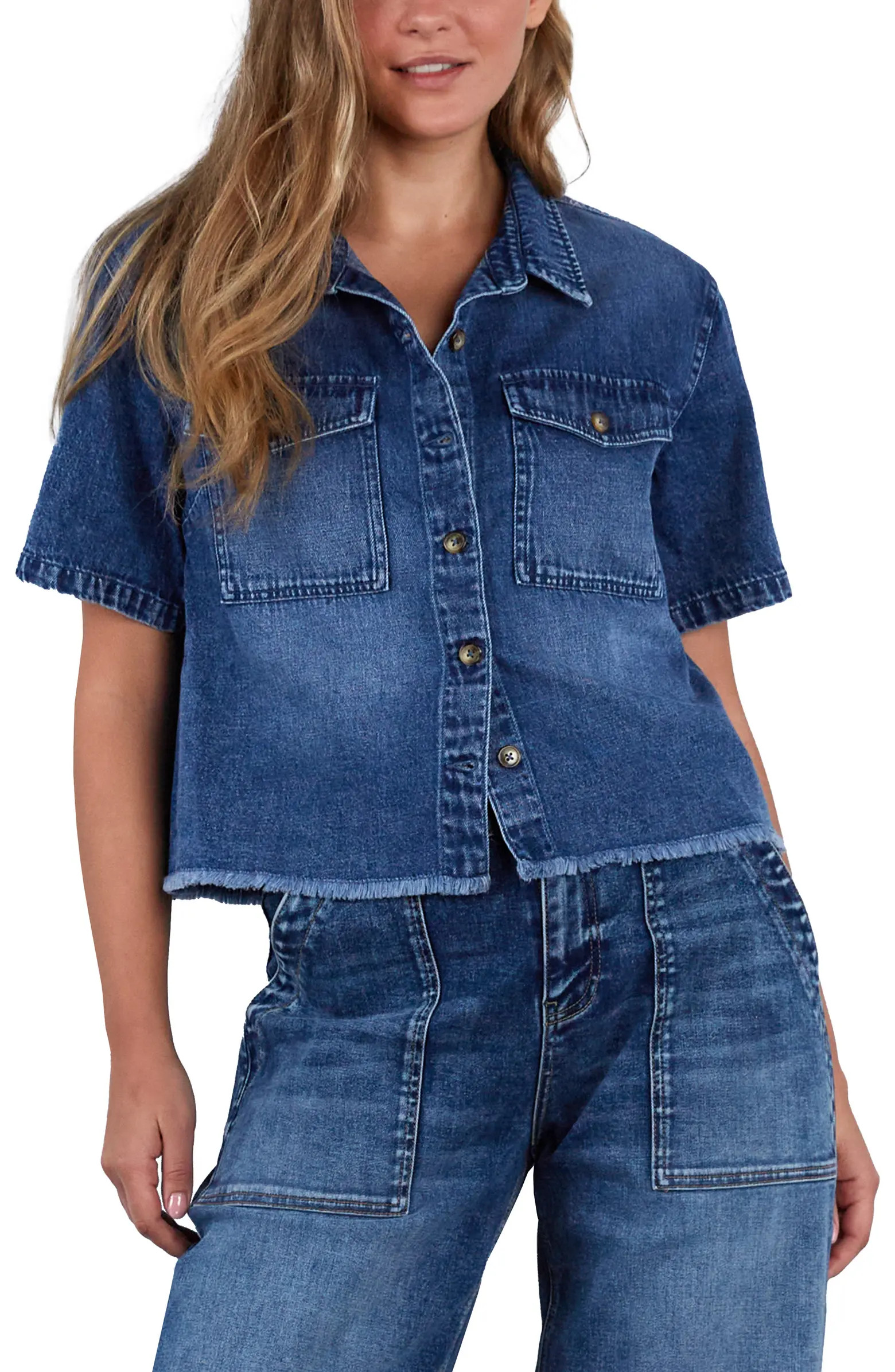 Emily Frayed Short Sleeve Denim Button-Up Shirt | Nordstrom