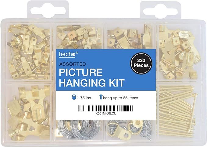 Assorted Picture Hanging Kit | 220 Piece Assortment with Wire, Picture Hangers, Hooks, Nails and ... | Amazon (US)