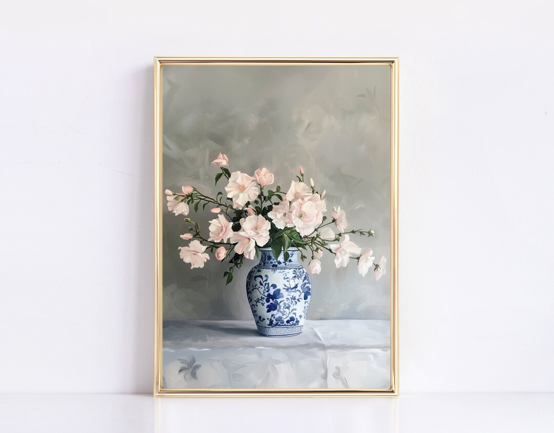 Pink Florals in Chinoiserie Vase Print Vintage Muted Tone Painting Digital Print Neutral Vintage ... | Etsy (US)