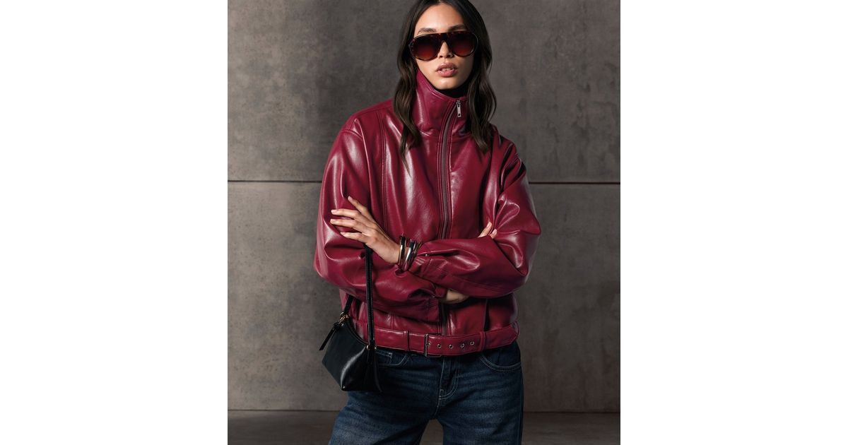 Women's Dark Red Faux Leather Buckle Hem Funnel Neck Jacket New Look | New Look (UK)