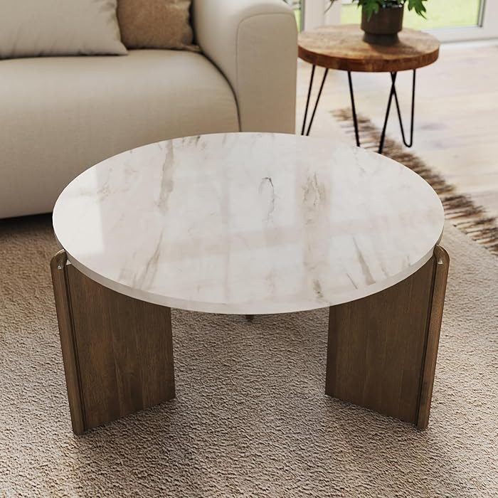 Travertine Texture Coffee Table 31.5 inch Modern Faux Marble Coffee Table Low Circle Center Table... | Amazon (US)