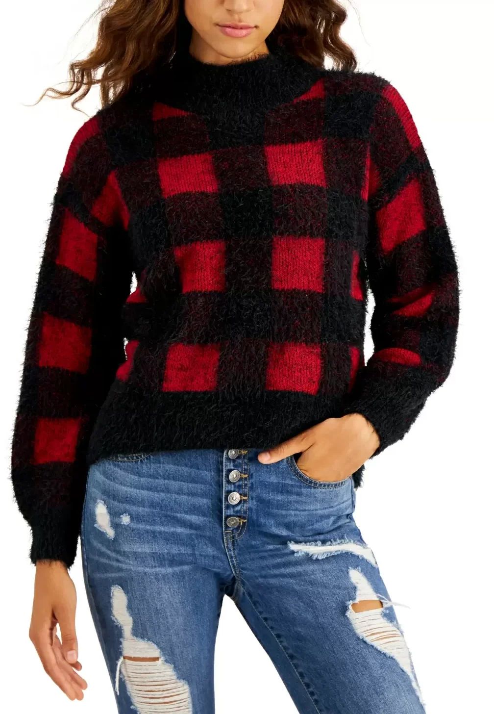 Hooked Up By Iot BLACK/RED Women's Eyelash-Knit Buffalo Sweater, US X-Large | Walmart (US)