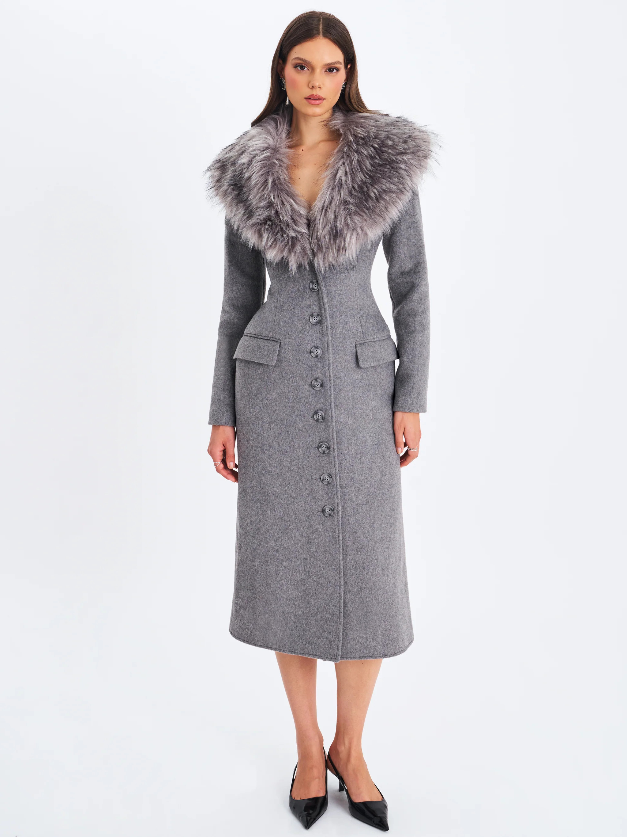 Faye Grey Wool Blend Single-Breasted Coat with Removable Faux Fur Collar | Miss Circle
