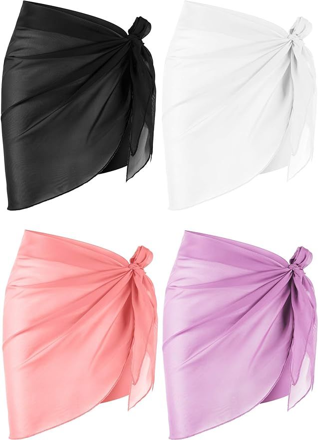 4 Pieces Women Chiffon Short Sarongs Cover Ups Beach Swimsuit Wrap Skirt, 4 Colors | Amazon (US)