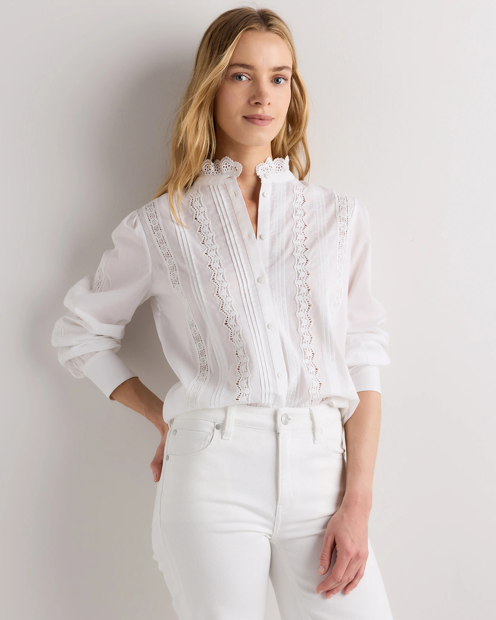 Quince | Women's Voile Lace Detail Blouse in Classic White, Size Medium, Organic Cotton | Quince