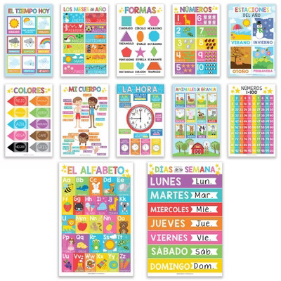 Hadley Designs Colorful Spanish Preschool Educational Laminated Posters, Set of 12 | Target