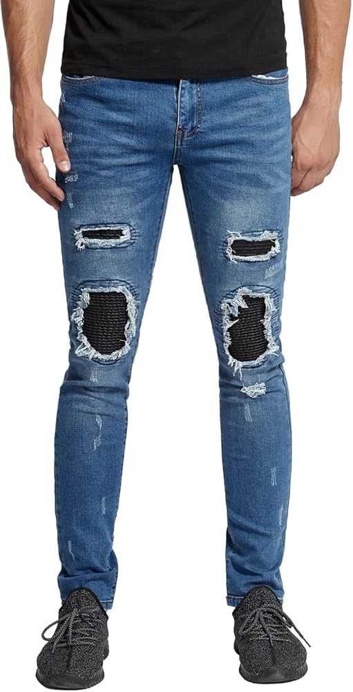 Mrpick Men's Leather Knee Biker Distressed Destroyed Tapered Ripped Stretch Jeans | Amazon (US)