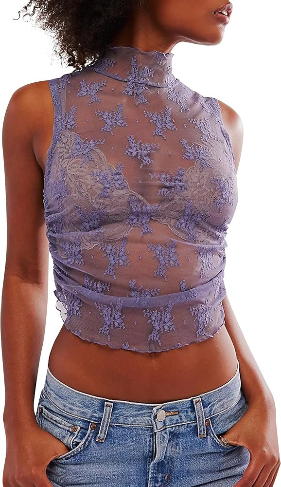 Cioatin Women Y2K Sheer Floral Lace Mesh Crop Tops Sleeveless See Through Mock Neck Ruched Lettuc... | Amazon (US)