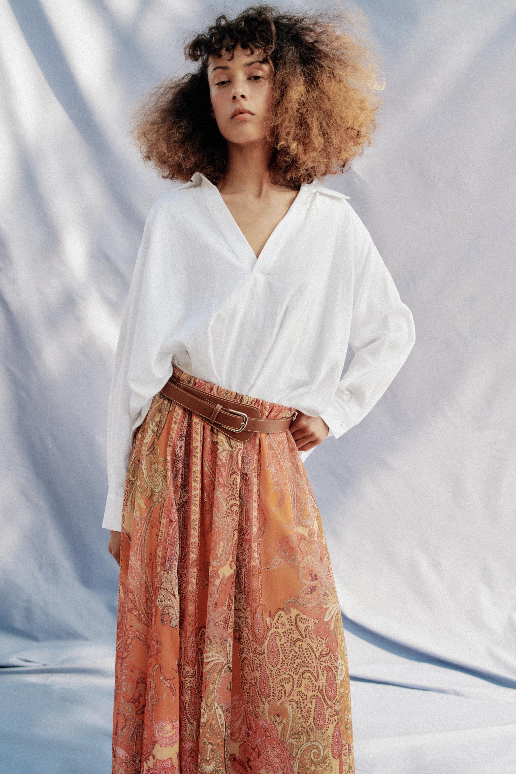 PRINTED MIDI SKIRT WITH BELT | Zara US