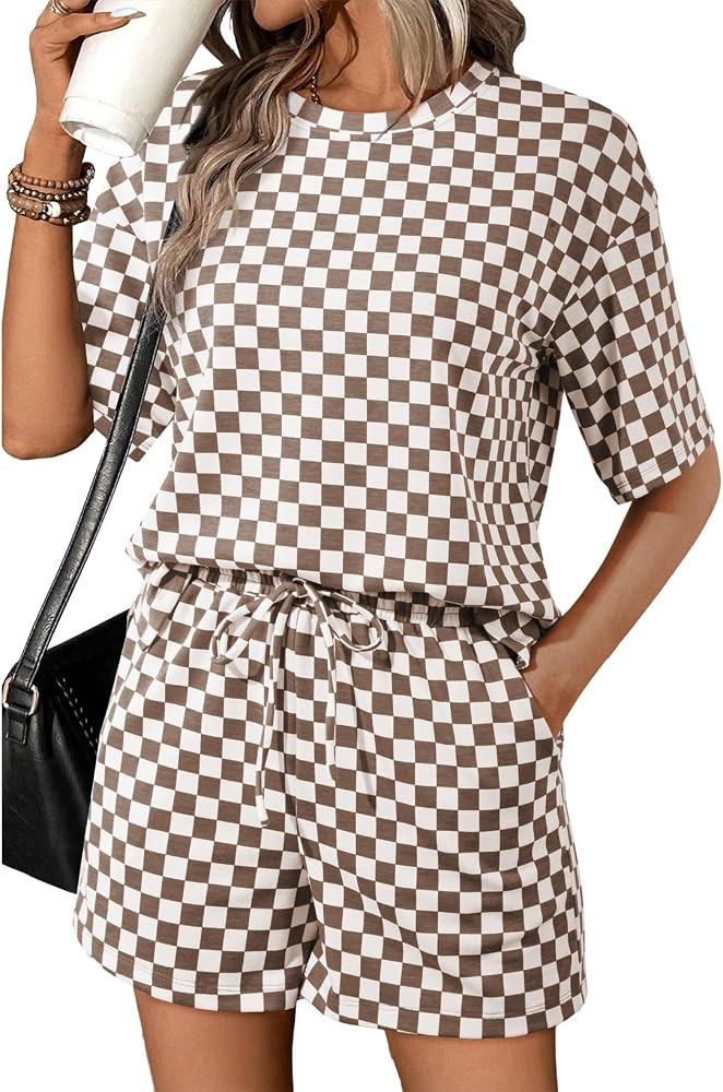 SHEWIN Women's Plaid 2 Piece Short Sets Matching Shorts Sweatsuit | Amazon (US)