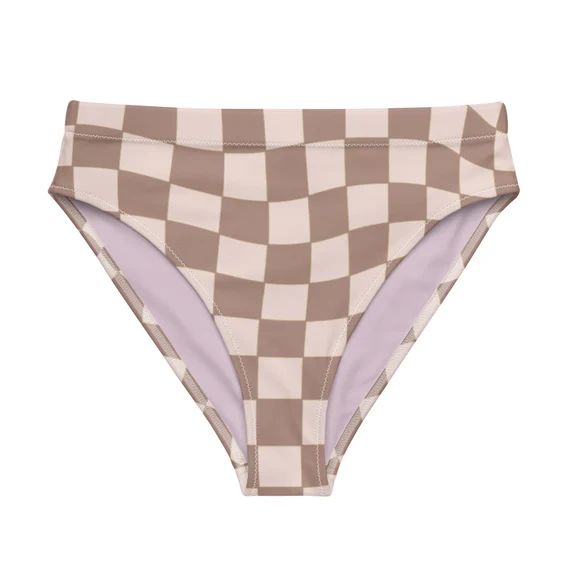 Brown + Beige Distorted Checker Recycled High-Waisted Bikini Bottom | Retro Glitchy Checkerboard ... | Etsy (US)
