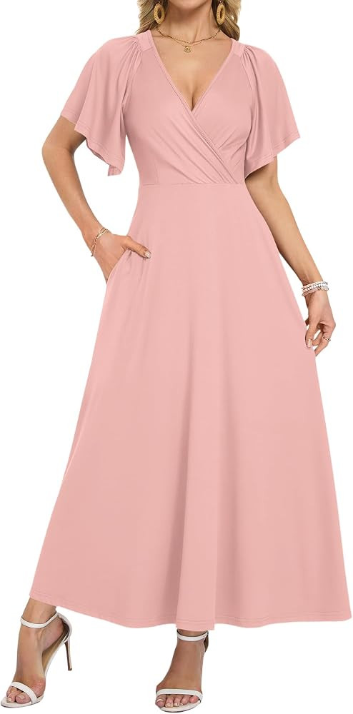 WNEEDU Sommerkleid Damen Lang R\u00fcschen\u00e4rmeln Wickel Kleid Damen Sommer Maxikleid mit Tas... | Amazon (DE)